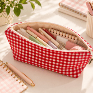 Kırmızı potikareli yıkanabilir tek gözlü fermuarlı bez kalemlik veya makyaj çantası